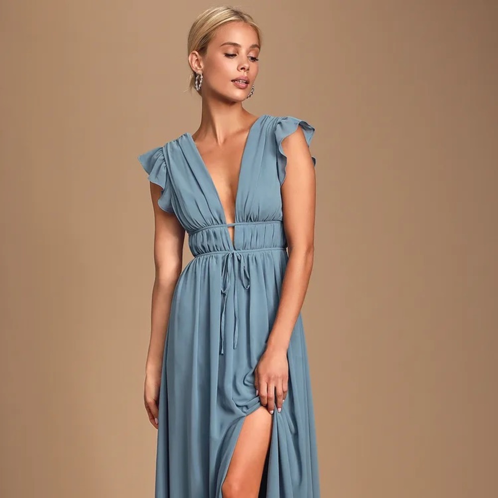 Lulus I'm All Yours Slate Blue Ruffled Maxi Dress // Size Large // NWT